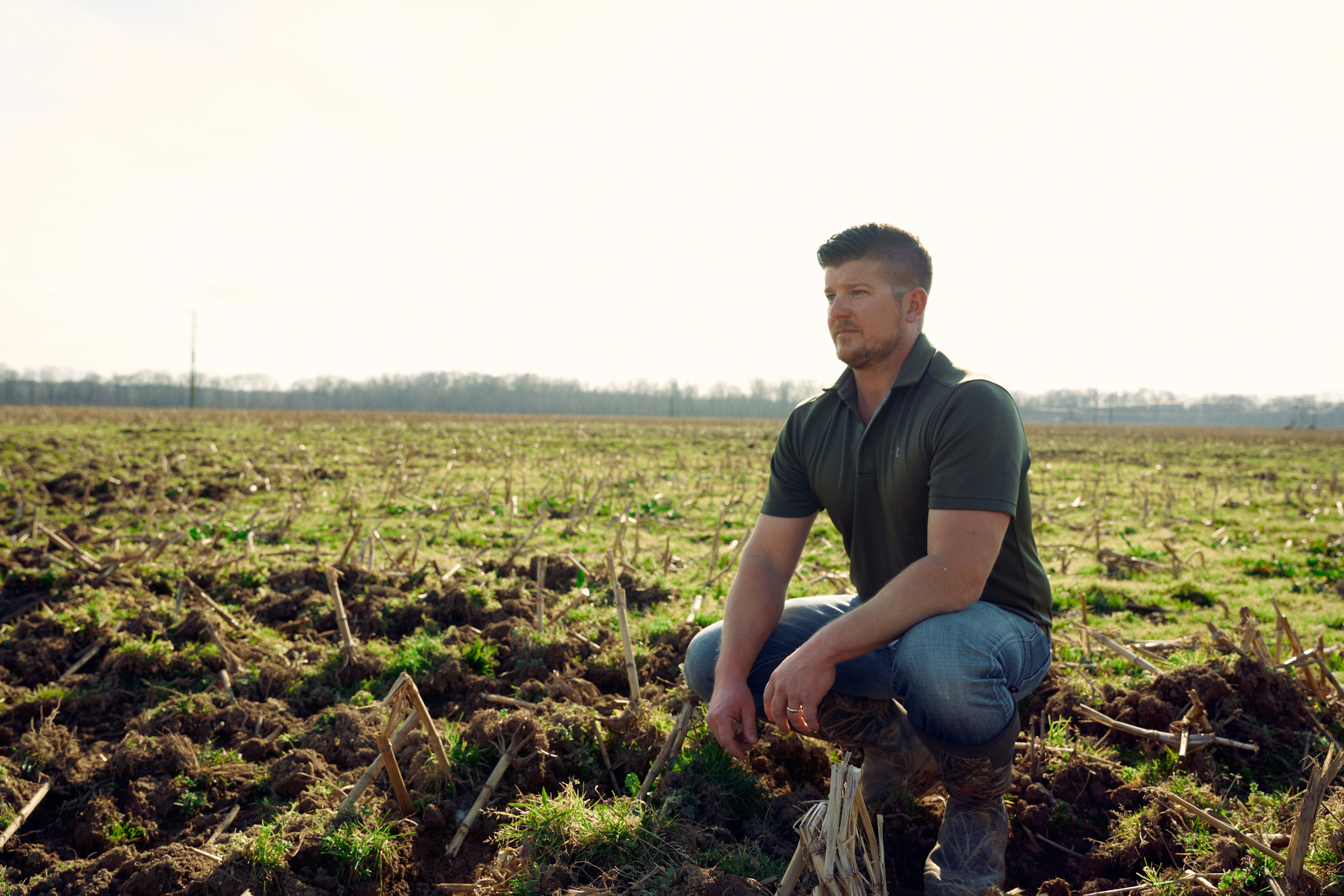 Man kneeling in damaged crop field