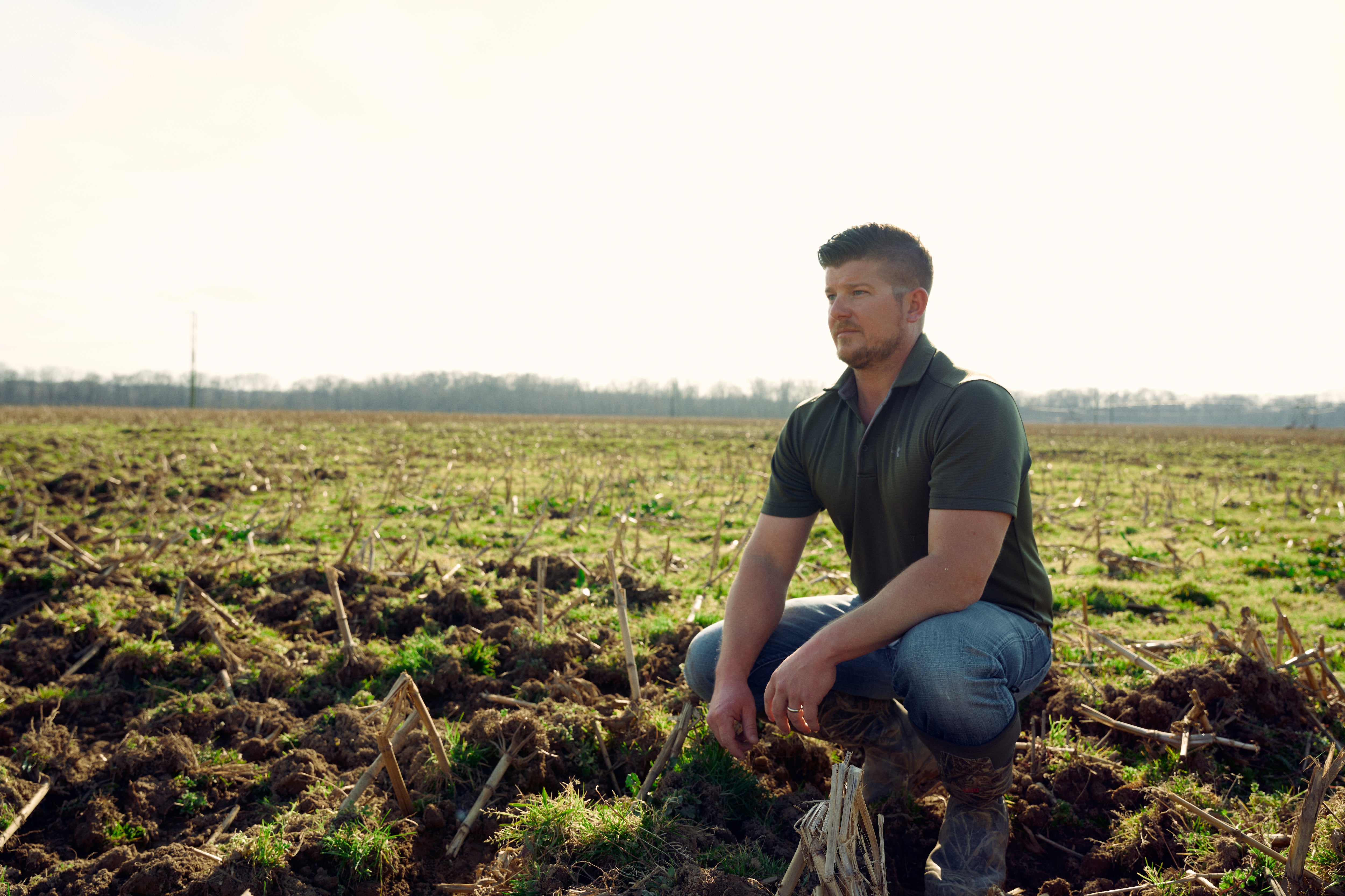 Man kneeling in damaged crop field 
