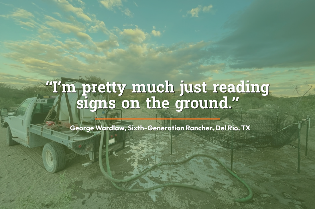 George Wardlaw’s pickup with a water tank wetting the ground around a Pig Brig Trap System at a dry West Texas trap site, with his quote on reading sign.