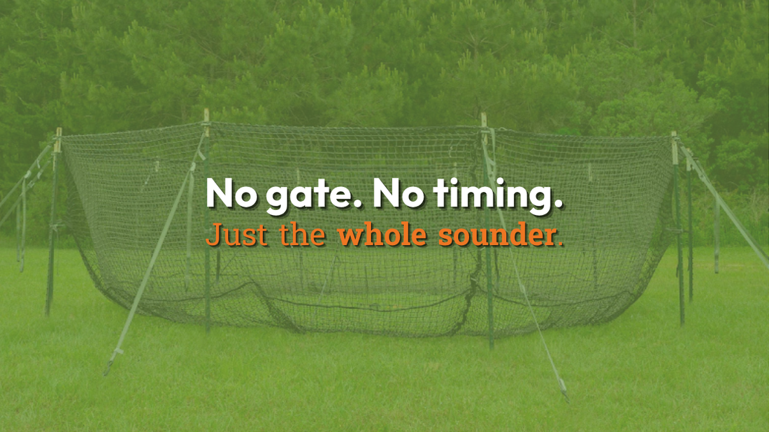 Pig Brig® net trap set in an open field with tree line in background. Text reads: "No gate. No timing. Just the whole sounder."