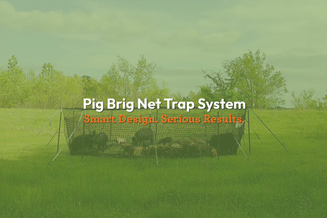 Pig Brig Net Trap System deployed in an open field with a sounder of trapped feral hogs inside the net enclosure. The image highlights the trap's large circular design and features the headline "Pig Brig Net Trap System – Smart Design. Serious Results."