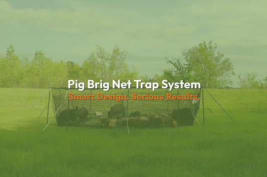 Pig Brig Net Trap System deployed in an open field with a sounder of trapped feral hogs inside the net enclosure. The image highlights the trap's large circular design and features the headline "Pig Brig Net Trap System – Smart Design. Serious Results."