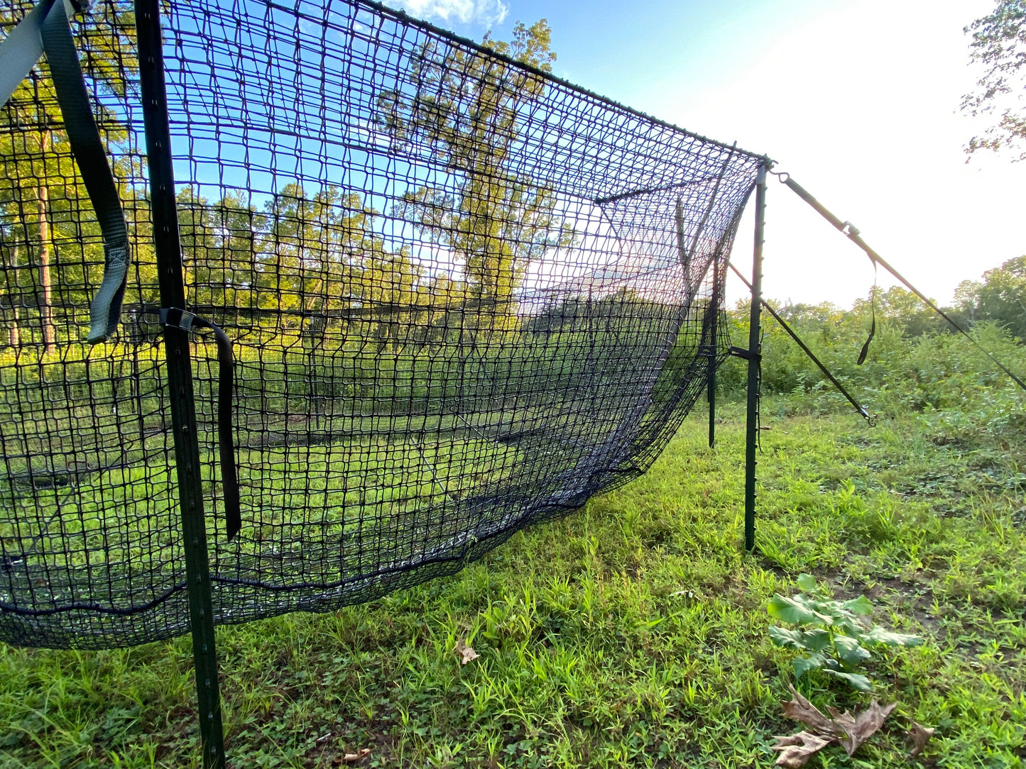 Black netting structure on a grassy field with trees in the background